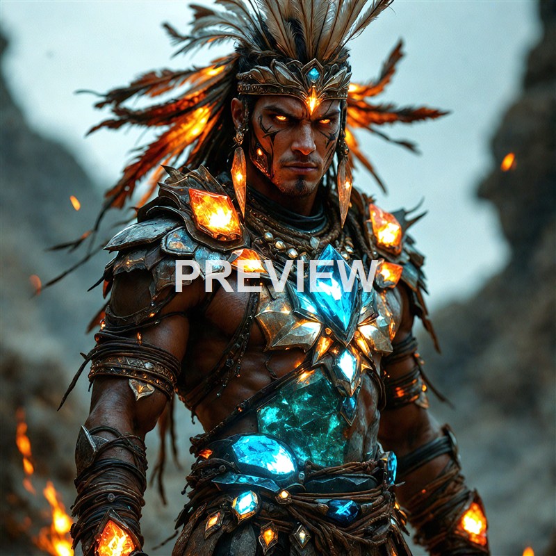 A fierce warrior wearing elaborate armor adorned with glowing gemstones and feathers, standing in a smoky, mountainous landscape with an intense expression.